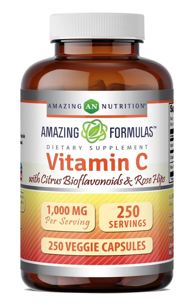 Fórmulas asombrosas Vitamina C con Rosa HIPS " Citrus Bioflavonoids tención 1000 Mg per Serving Supplement ← 250 Veggie Capsules ← Non-GMO TEN Gluten-Free TEN Made in USA