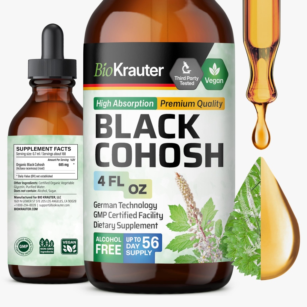BIO KRAUTER Black Cohosh Tincture - Vegan Black Cohosh Suplementos Mujeres Apoyo - Alcohol y Azúcar Gratis - 4 Fl.Oz.