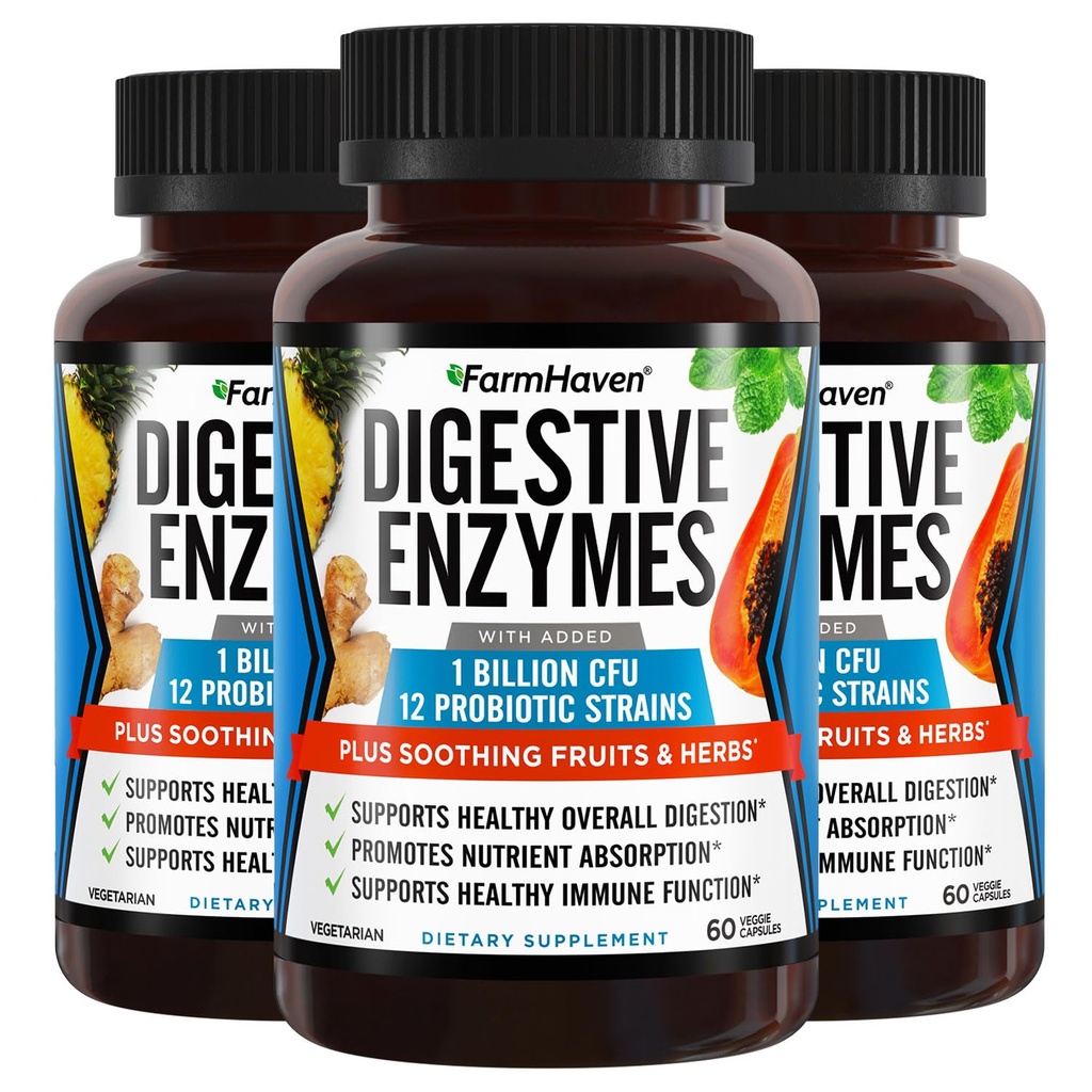 FarmHaven Digestive Enzymes with 18 Probióticos " Herbs peru Papaya, Bromelain, Protease " More for Lactose Absorption " Better Digestion ¦ Helps Bloating, Gas, Constipation ¦ Vegetarian, 180 Capsules