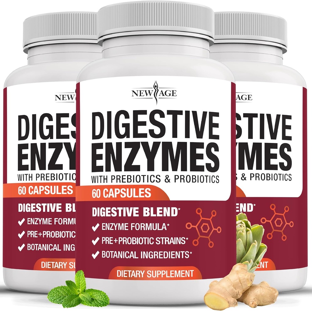 NUEVO AGE Digestive Enzymes for Gut Health - Probiotic Multi Enzymes with Prebiotics and Probiotics with Lipase for Women and Men for Digestive Health, Daily Enzymes for Digestion - 180 Count