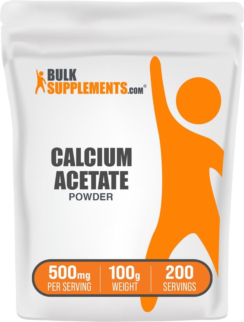 BulkSupplements.com Calcium Acetate Powder - Suplemento de calcio, Grado de alimentos - Pure " Gluten Free, 500mg por Serving, 100g (3.5 oz) (Pack of 1)