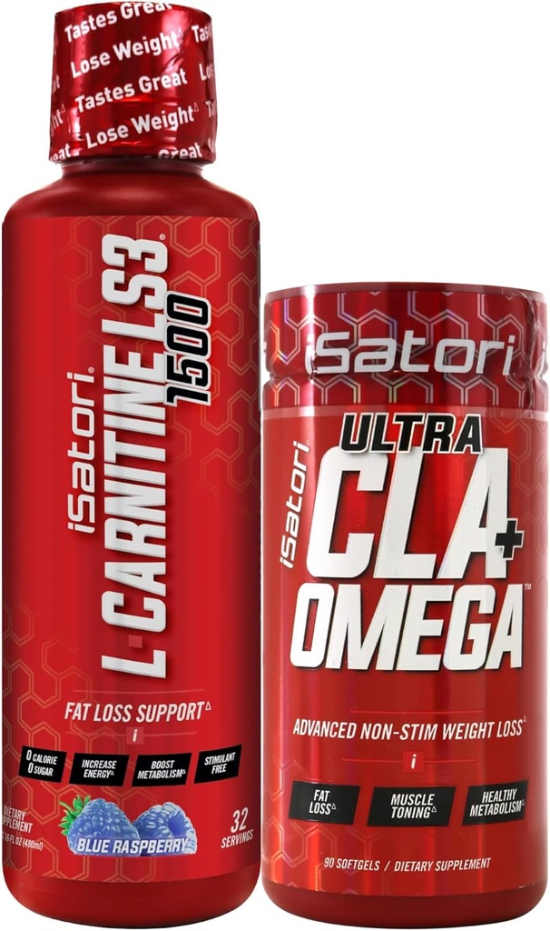 iSatori L-Carnitine LS3 Blue Raspberry 1500mg (32 Servings) Ultra CLA (90 Softgels), L-Carnitine líquido con Acetyl, Omega 3 6 9 Safflower Oil