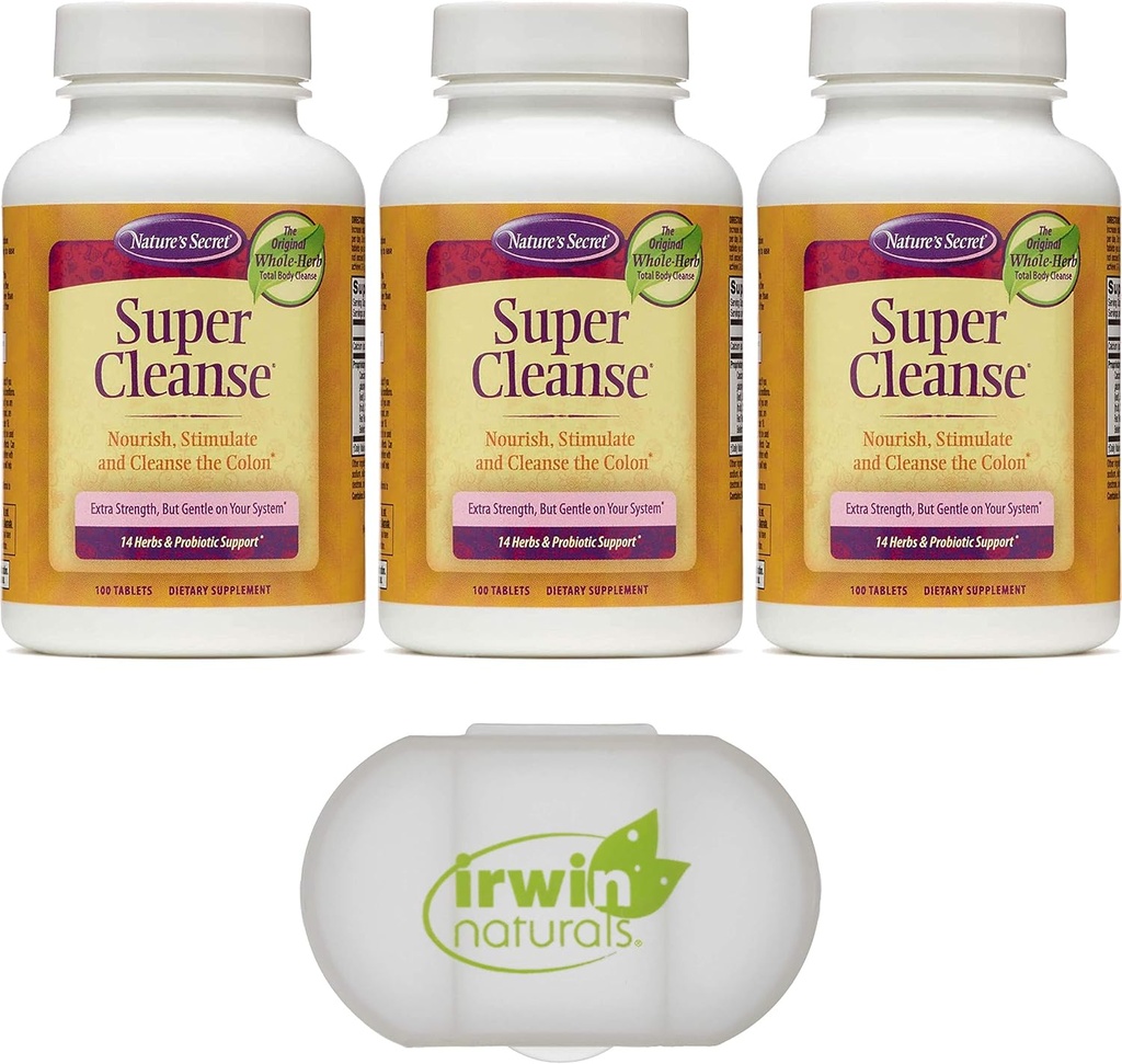 Naturaleza Secreto Super Cleanse Extra Strength Toxin Detox &amp; Gentle Elimination Total Body Cleanse, Digestive & Colon Health Support, 3 Packs de 100 Tablets, con un caso de pila