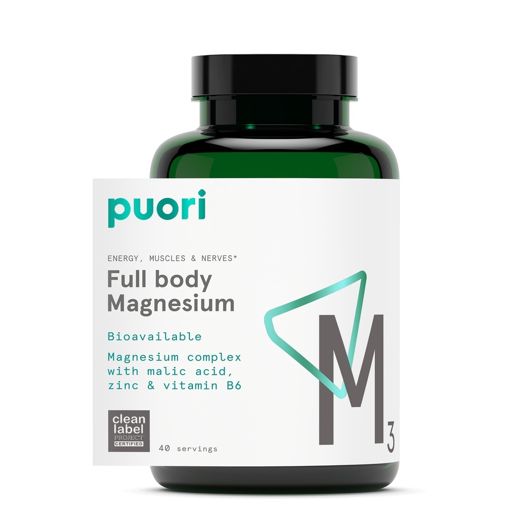 Suplemento Complejo de Magnesio Puori - Alta Absorción Magnesium Taurinate & Gluconate, Zinc, Vitamina B6 &amp; Malic Acid for Sleep Support, Immune & Bone Health & Muscle Recovery - 120 Vegan Capsules