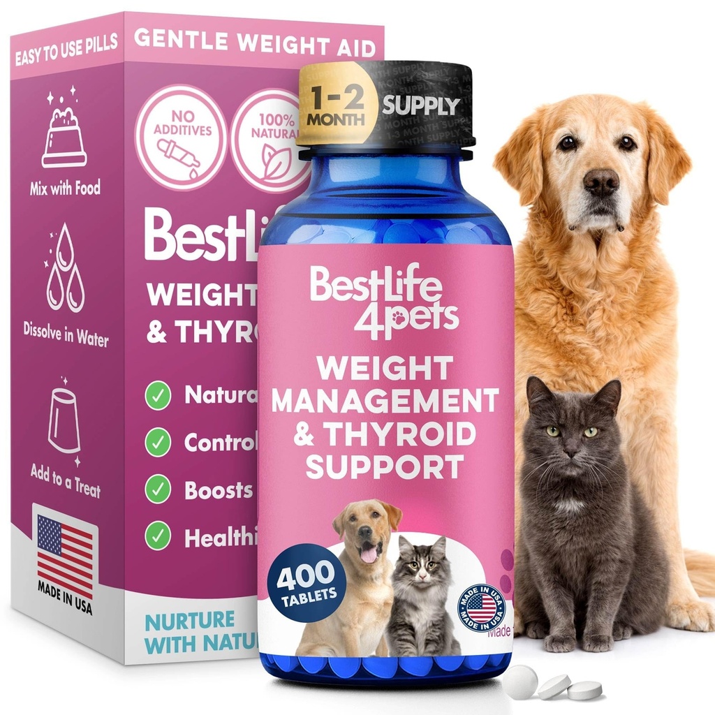 Weight Loss for Dogs and Cats Natural Thyroid Support – Gentle Metabolism Booster to Restore Vitality in Senior Or Sluggish Pets – 400 Tiny Tasteless Pills – Help Manage Weight, Appetite, and Energy