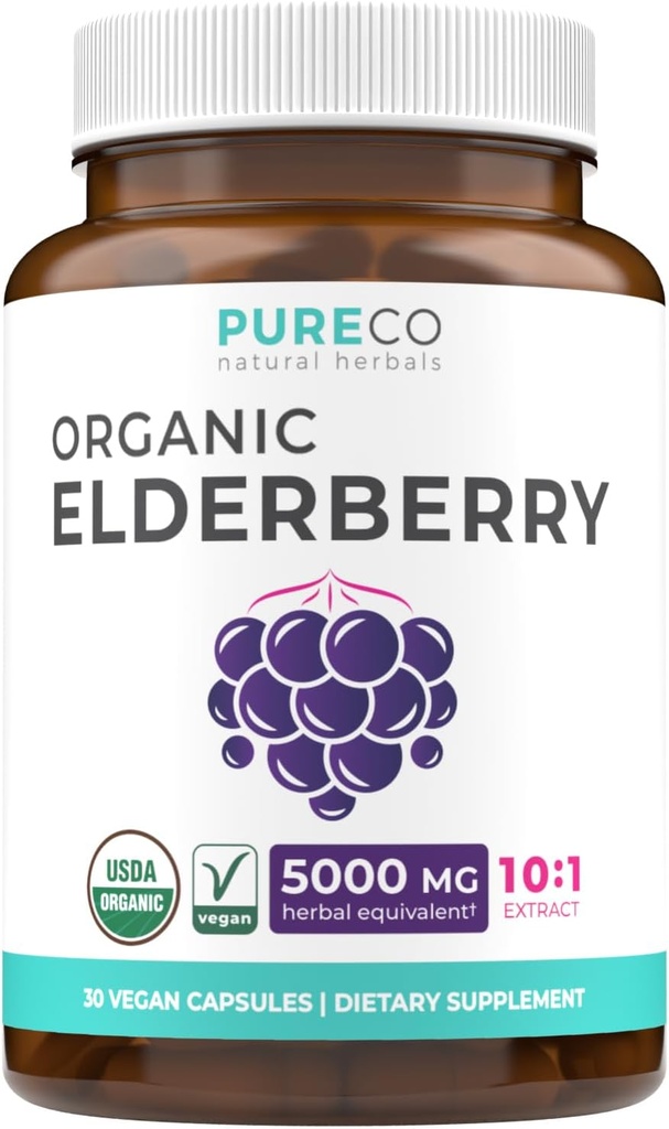 Cápsulas de Elderberry Orgánica - 10:1 Extracto Niveles de 5.000 mg de Elderberries Frescos (Vegan) para Immune Support, Alergía, Sinus Relief - Sambucus Nigra - Black Elderberry - 30 Cápsulas (No Pills o Gummies)