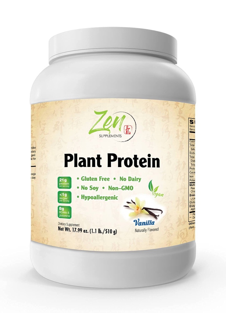 Suplementos Zen - Proteína vegetal-Vanilla 510G 1.1LB-Powder- 25 Gramos de Protein Por Serving -Vegan, Carbs bajos netos, no lácteos, libres de lactosa, sin azúcar añadido, soy libre, Kosher, no GMO