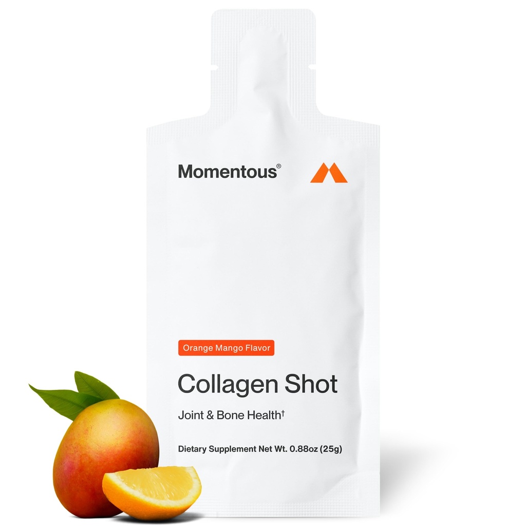Suplemento Momentous Collagen Shot - Bovine Collagen hidrolizado &amp; Vitamina C para ayudar a la articulación, bonificación, " Salud de tejido conectivo - NSF certificado para el deporte - Mango Orange - 25g/Serving - 15 servicios
