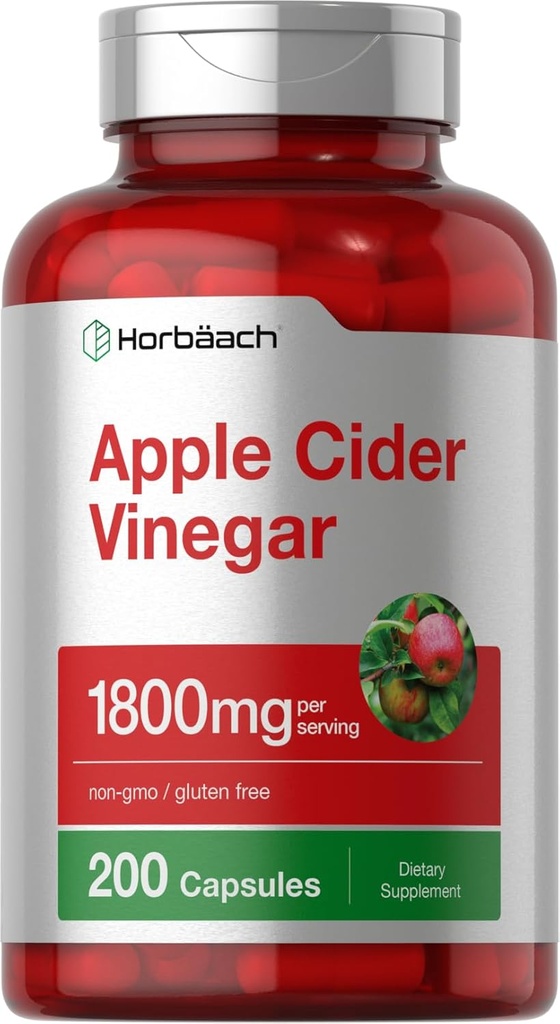 Cápsulas de vinagre de manzana de Horbäach Silencio 1800mg Silencio 200 Píldoras Silencio No GMO, Gluten Suplemento gratuito