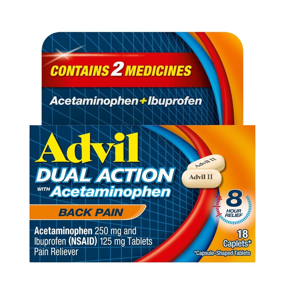 Advil Dual Action Back Pain Caplets ofrece 250mg Ibuprofen y 500mg Acetaminophen Por Dose durante 8 Horas de Back Pain Relief - 18 Cuenta