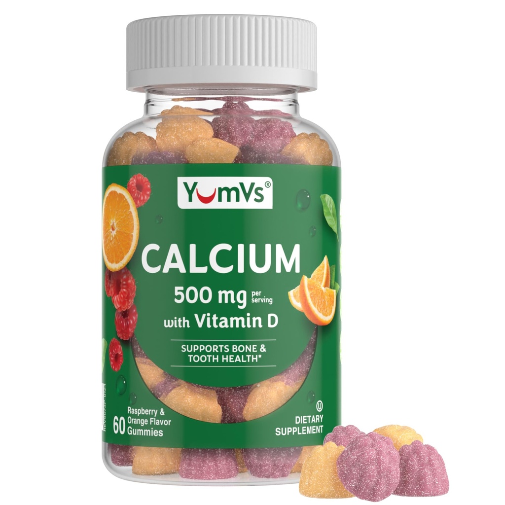 YumVs Calcio 500 mg con Vitamina D3 - Raspberry & Orange Flavor Calcio Vitamina D Gummies, Suplemento de Calcio Chewable para Adultos Infantiles, Vitamina D Calcio Gummies, Kosher Halal Gluten Gratis (60 Cuenta)