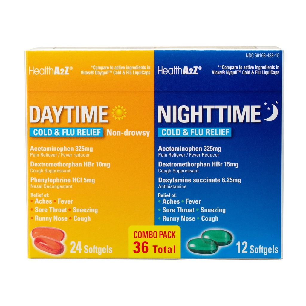 HealthA2Z® Daytime y Nighttime TENIDO Frío &amp; Flu Medicine ← Powerful Multi-Symptom Daytime and Nighttime Relief (24 Daytime &amp; 12 Nighttime Softgels) (Daytime & Nighttime Combo (36 Count Pack of 1))