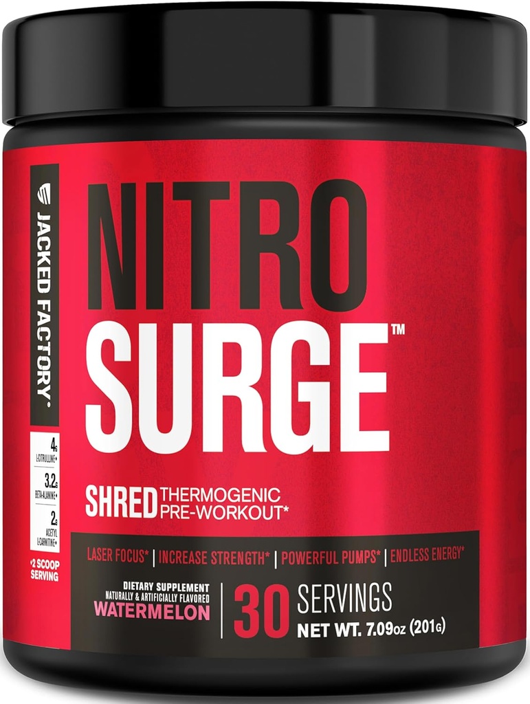 Fábrica de Jacked NITROSURGE Shred Pre Workout Supplement - Energy Booster, Instant Strength Gains, Sharp Focus, Powerful Pumps - Nitric Oxide Booster " PreWorkout Powder - 30Sv, Watermelon