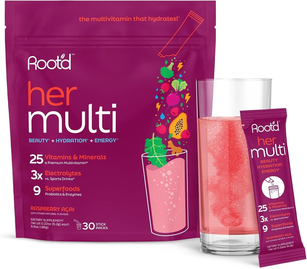 Polvo multivitamínico de raíz para mujeres - 25 vitaminas " minerales con electrolitos 3X, 9 superalimentos orgánicos, probióticos " enzimas, multivitamínico libre de azúcar " hidratación