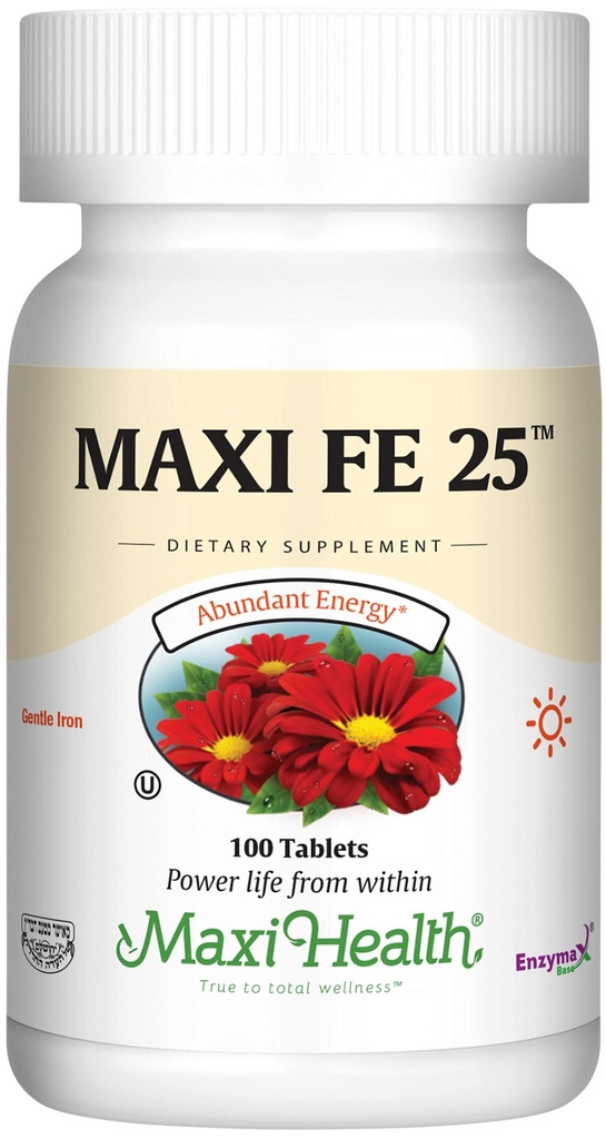Maxi Health Iron Supplement for Women &amp; Hombre - Gentle Iron 25 mg for The Stomach - Non Constipating* Pills - Kosher - Non GMO - Vegetarian (100 Tablets)