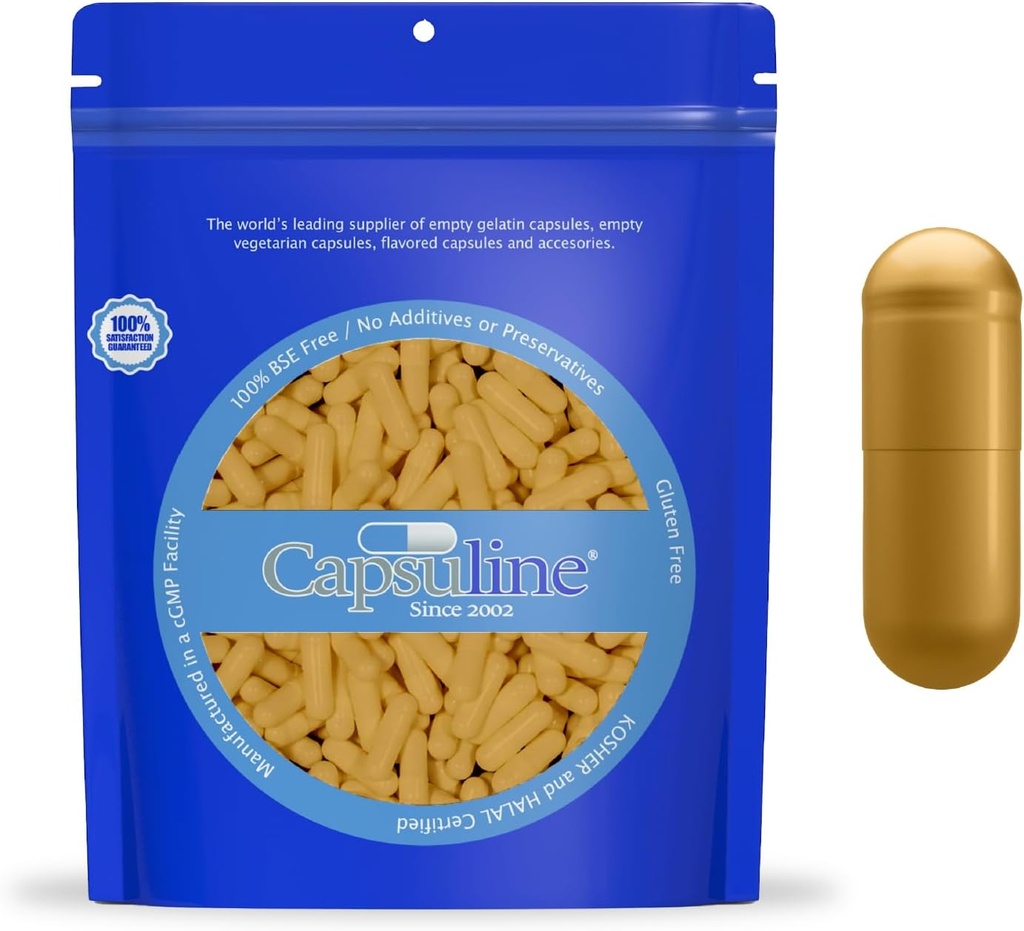 Capsuline Size 0 - Colored Gold Empty Gelatin Capsules - 500 Cuenta - Empty Gel Pill Capsules - DIY Pure Bovine Pill Capsule Filling - Empty Caps - Kosher y Halal Certified