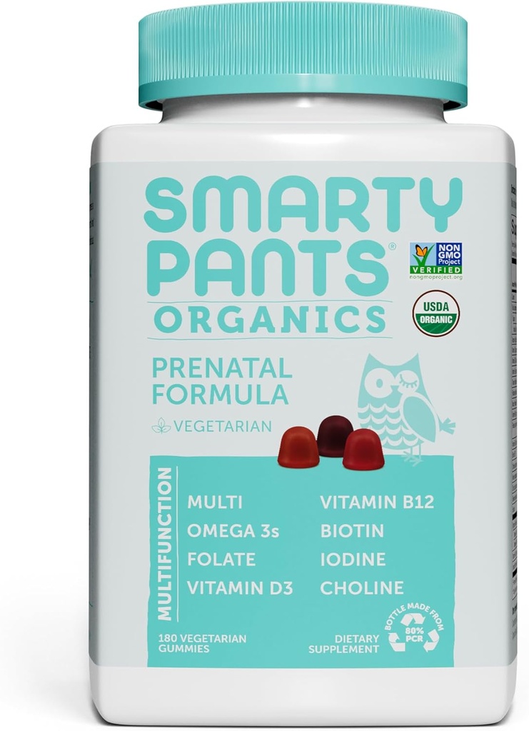 SmartyPants Organic Prenatal Vitamins for Women, Multivitamin Gummies: Biotin, Methylfolate, Omega 3 (ALA), Vitamina D3, C, Vitamina B12, B6, A, K2 & Zinc, Choline, Vegetariano, 180 Conde (45 Day Supply)