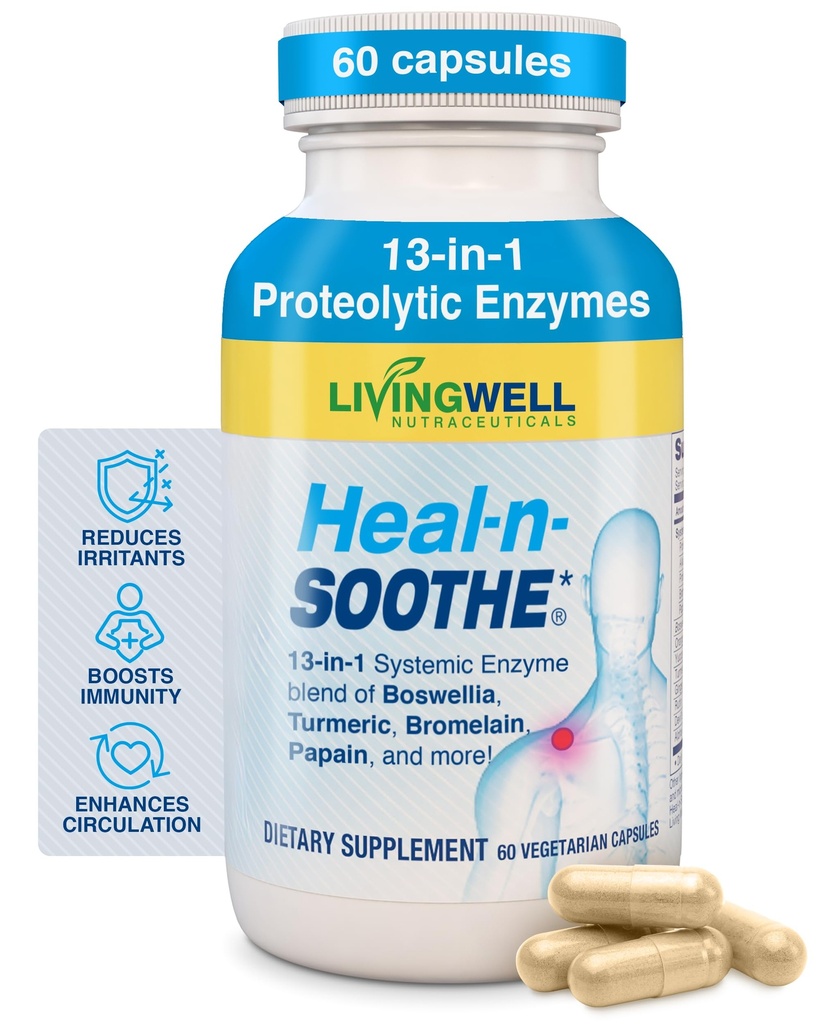 HEAL-N-SOOTHE Joint Support Supplements - Proteolytic Enzymes like Bromelain & Papain, with Boswellia, Turmeric " Ginger- Promotes Protein Digestive Function " Body Defense Wellness- 60 Count (1 Pack)