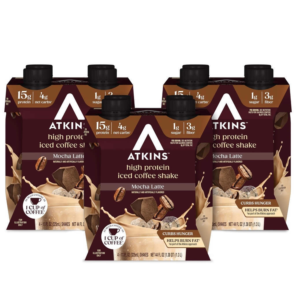 Atkins Mocha Latte Iced Coffee Flavored Protein Shake, High Protein, Low Glycemic, Low Carb and Low Sugar Shakes, Keto-Friendly, 12 Pack