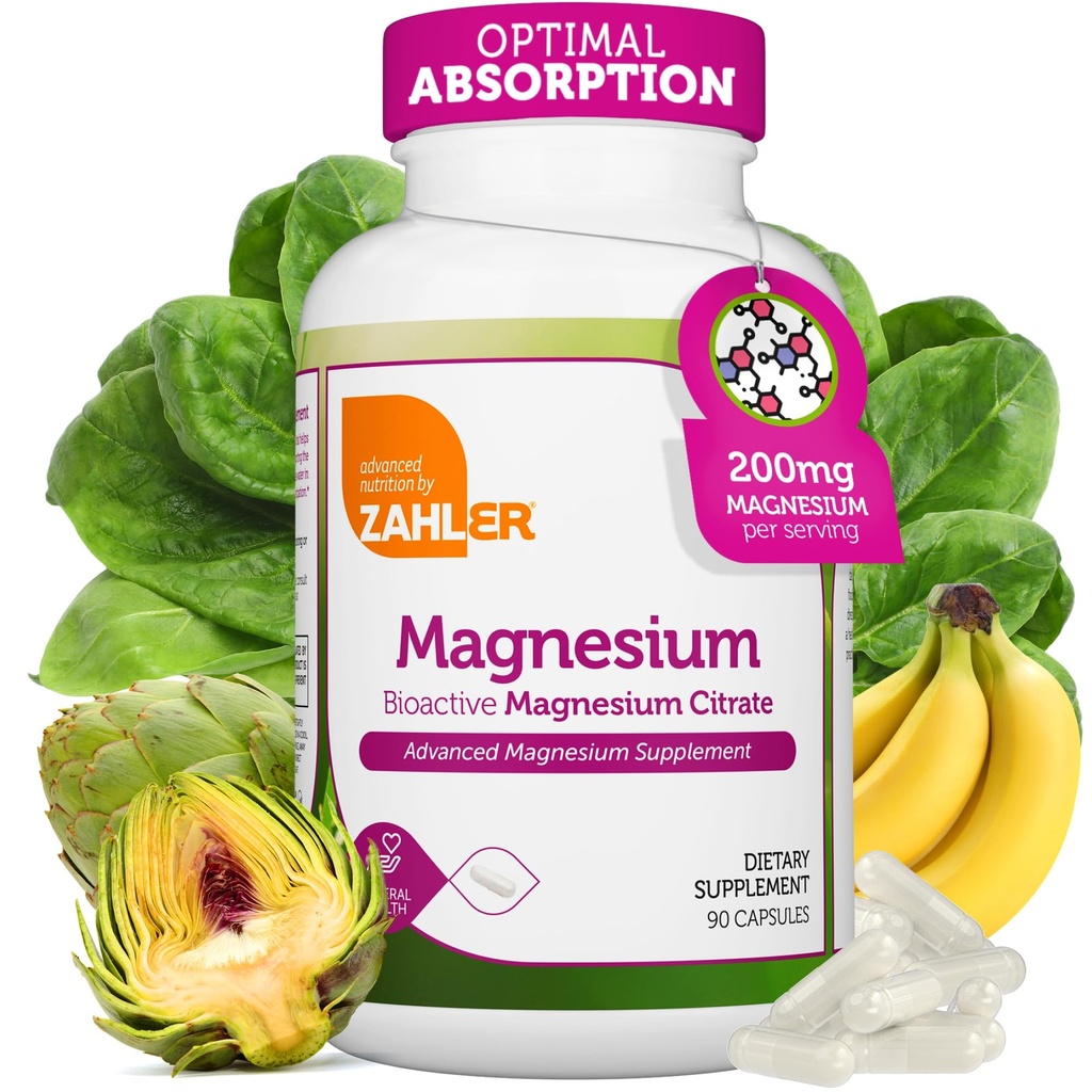 Zahler - Suplemento de Magnesio cápsulas 200 mg (90 Conde) Certificado Kosher Citrato de Magnesio Bioactivo para Max Absorción - Magnesio Natural Mineral para Mujeres - Mejores Suplementos de Magnesio