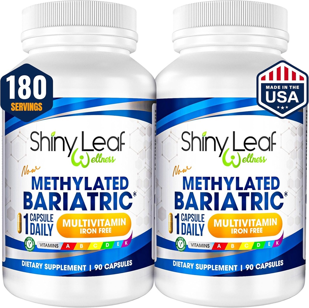 Hoja brillante Multivitaminada Bariatrica Sin Hierro – Vitaminas para Bypass Gástrico &amp; Sleeve, 1 Daily Capsule W Folato Metilado, B12, A, C, D, K &amp; More. Vegetariano, Libre de Soy, USA Made (180 Ct.)