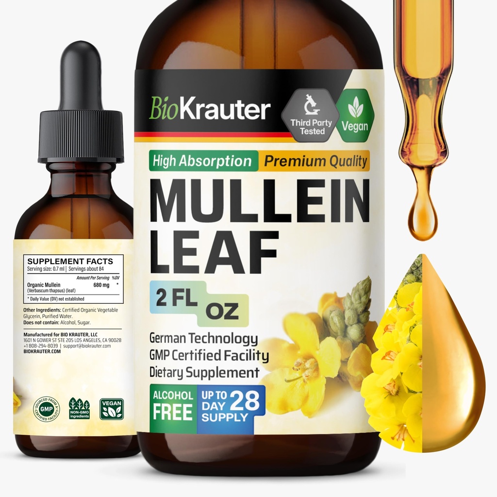 BIO KRAUTER Mullein Leaf Extract for Lungs 2 Fl. Oz - 28 Días de suministro - Pure Mullein Drops for Lung Cleanse " Detox - Vegan Respiratory Supplements - Non-GMO, No Sugar " Alcohol
