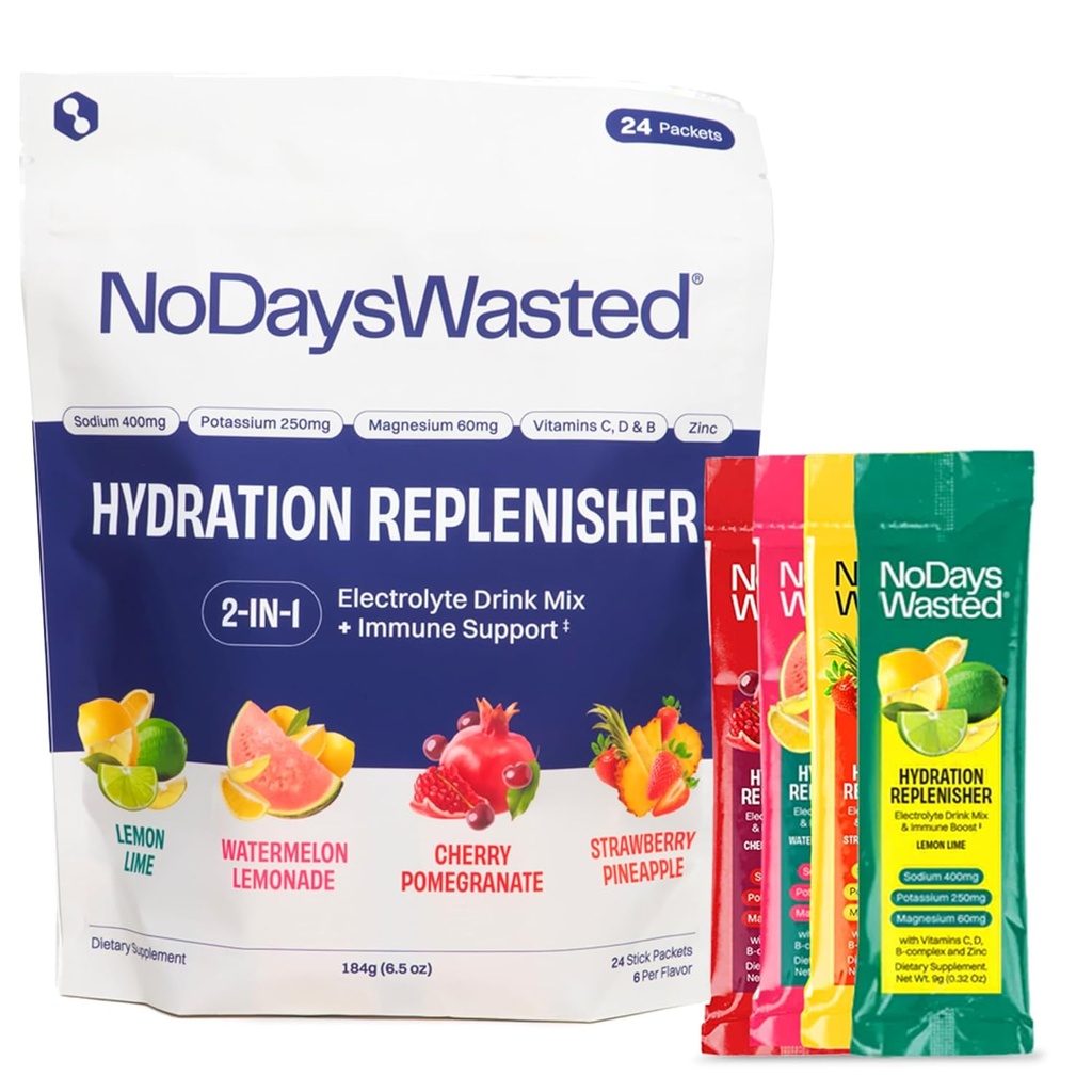 No Days Wasted Hydration Replenisher Electrolyte Replacement Stick Packets tolera Essential Rapid Hydration &amp; Vitamins TEN Sodium, Potassium, Magnesium, Vitamins B, C, D, Zinc TENIDO 4 Flavor Variety Pack