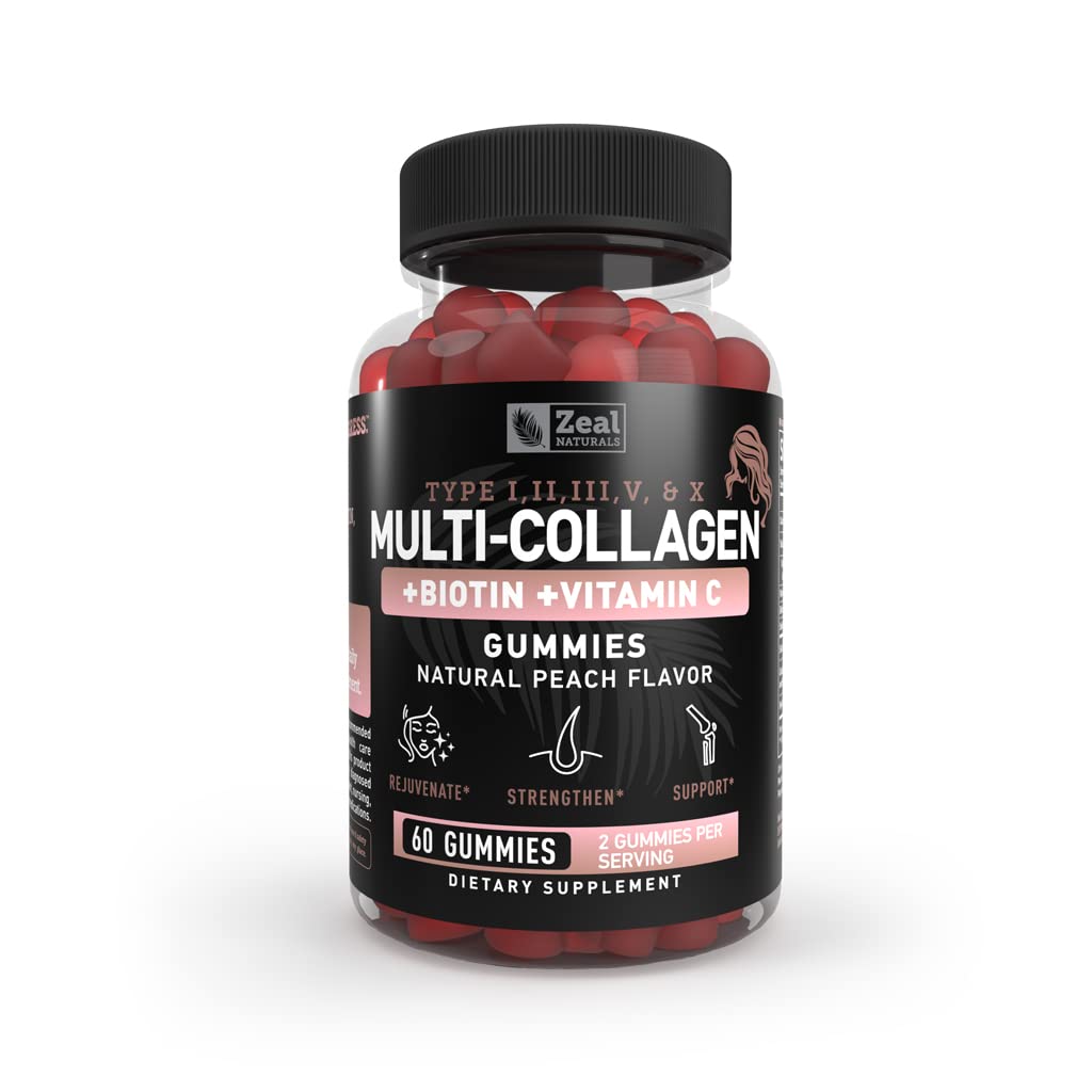 Multi Collagen Peptide Gummies (1, 2, 3, 5 " 10) + Vitamina C + Biotina + Ácido Hialurónico Soporta el cabello sano, la piel y las uñas  durable Non-GMO y Gluten-Free TEN Natural Peach Flavor TEN 60 Gummies