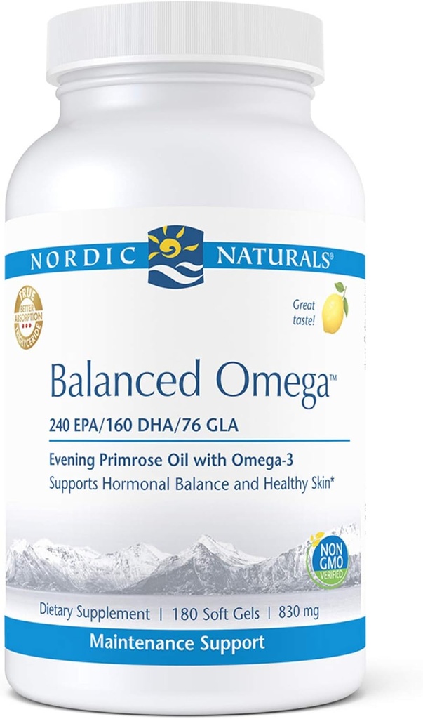 Nordic Naturals Pro Balanced Omega - Fish Oil and Evening Primrose Oil, 240 mg EPA, 160 mg DHA, 76 mg GLA, soporta el equilibrio hormonal y la piel sana*, 180 geles blandos