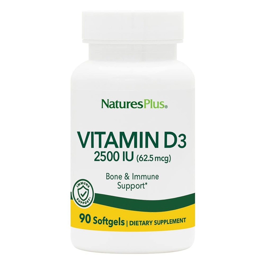 NaturesPlus Vitamin D3 (Cholecalciferol) - 2500 iu, 90 Softgels - Bone Health, Heart Health &amp; Immune System Support Supplement, Bioavailable Active Form - Gluten-Free - 90 Servings