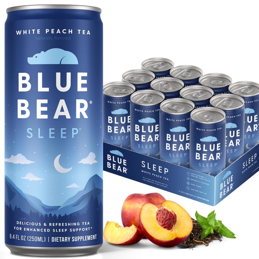 Bebida de sueño de melatonina de oso azul, té de sueño para el soporte de cama, té de melotonina blanca con melatonina (5 mg), lavanda, Ashwagandha, manzanilla, GABA, L-Theanine, libre de cafeína, azúcar cero, 8.4 Fl Oz 12-Pack