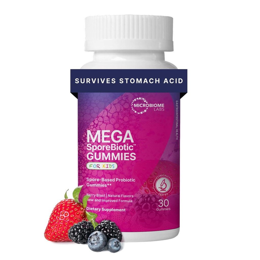 Laboratorios de microbioma MegaSporeBiotic Kids Probiotic - Probióticos de goma con base de esporas para niños - Asistencia Gut Health &amp; Immunity con Bacillus Probiotic Blend - Berry Flavored (30 Gummies)