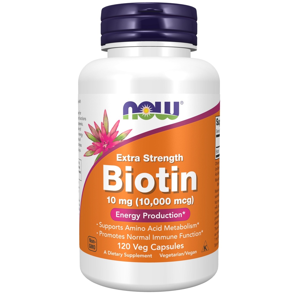 AHORA Suplementos de alimentos, Biotina 10 mg (10.000 mcg), Extra Fuerza, Producción de energía*, 120 cápsulas de verduras