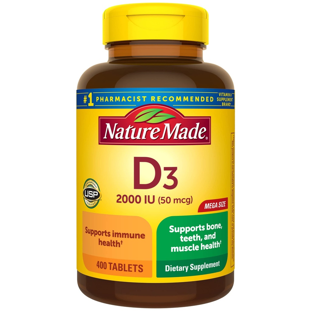 Natural Made Vitamina D3 2000 UI (50 mcg), Suplemento de vitamina D para el Hueso, Dientes, Musculo e Immune Health Support, 400 Tabletas, 400 Day Supply