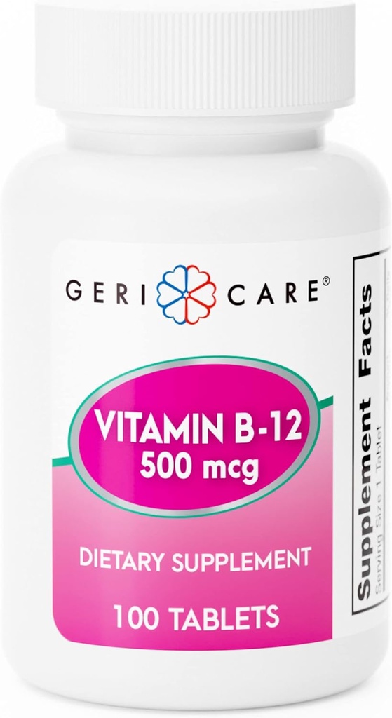 GeriCare Vitamina B-12 500mcg Tablas – Apoya los niveles de energía saludable, Función cerebral " Salud Circulatoria – Suplemento fiduciario para el bienestar diario – 100 Con
