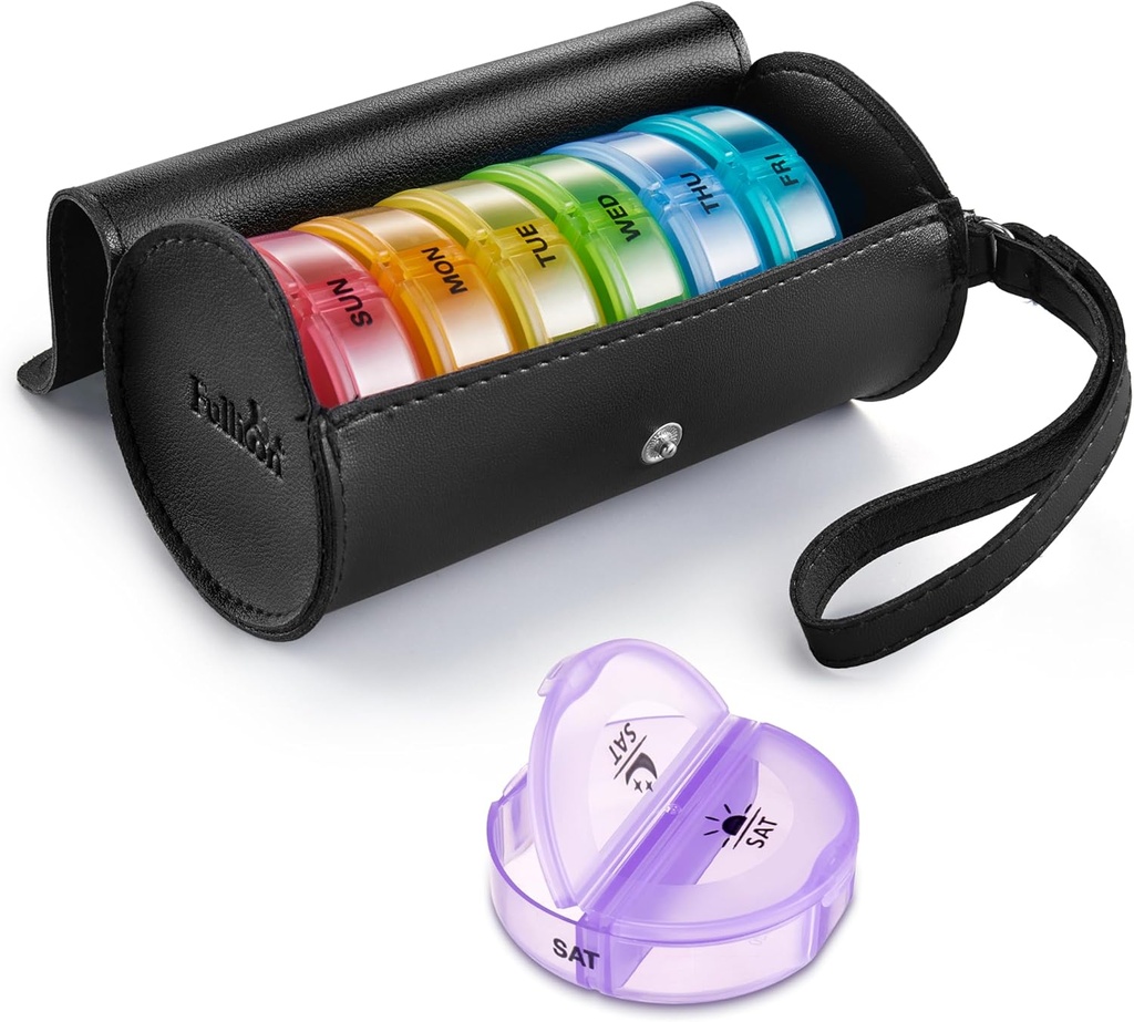 Fullicon PU Case Weekly Pill Box Organiser 2 Times A Day, Travel 7 Day Pill Boxes, Portable Tablet Organiser with Large Compartments for Medicine, Medication, Vitamina, Supplements(Black/Rainbow)