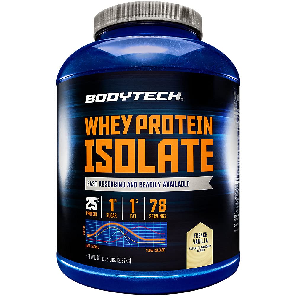 BODYTECH Whey Protein Isolate Powder - con 25 Grams de Protein por Serving &amp; BCAA's - Ideal para el edificio del músculo post-operatorio " Crecimiento, Contiene leche " Soy - Vanilla (5 libras)