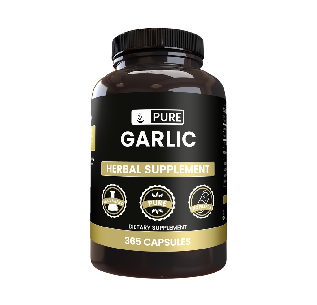 Ingredientes originales puros Extracto de ajo (365 capsules) No hay magnesio o rifles de arroz, siempre puro, lab verificado