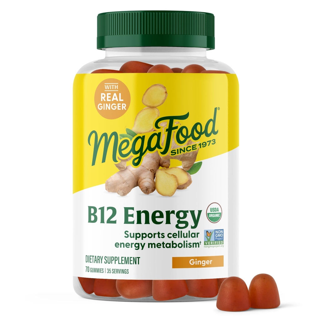 MegaFood Vitamina B12 Gummies de energía - Vegan - Con Metil B12 Vitaminas para apoyar la producción de energía celular - Ginger - Daily Vitamin B12 Suplemento - USDA Organic - 70 Gummies, 35 Servimientos