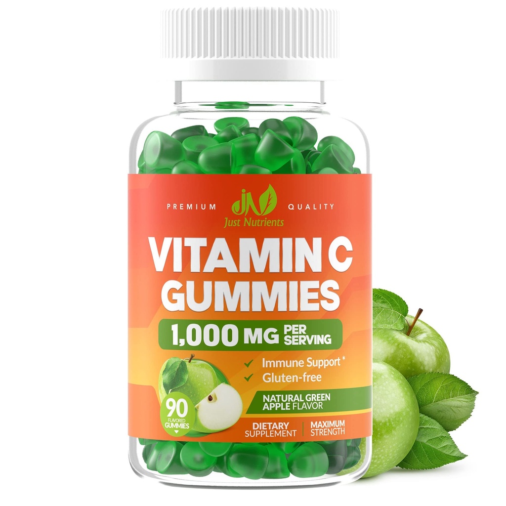 Vitamina C Gummies 1000mg para Adultos &amp; Niños - Maximum Strength Chewable Immune Support, Collagen Support - Sour Green Apple Flavor - Gluten Free, Non-GMO, Vegetarian - 90 Gummies (30 Servimientos)