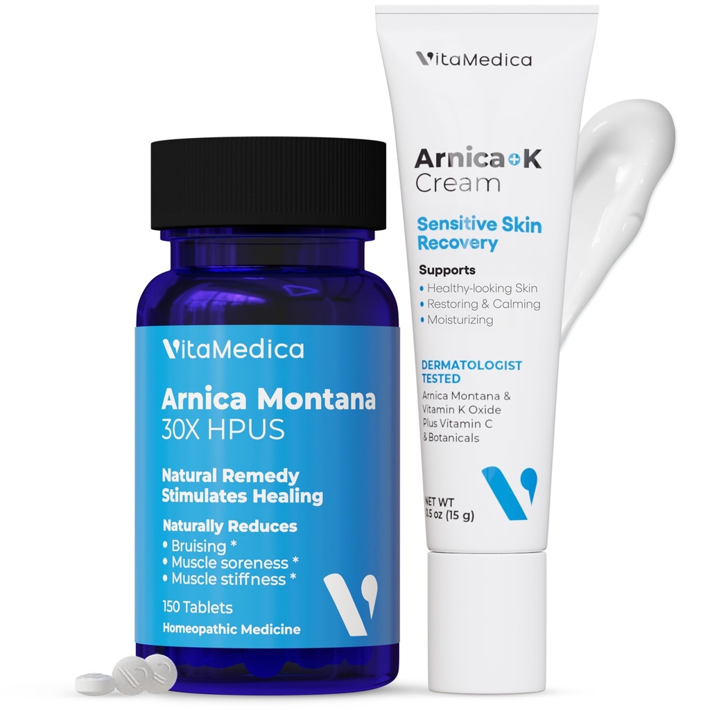 VitaMedica Arnica Montana Tablets & Arnica Cream Bundle - 150 Rapid Dissolve Tablets + 0.5 oz Vitamin K Topical Cream