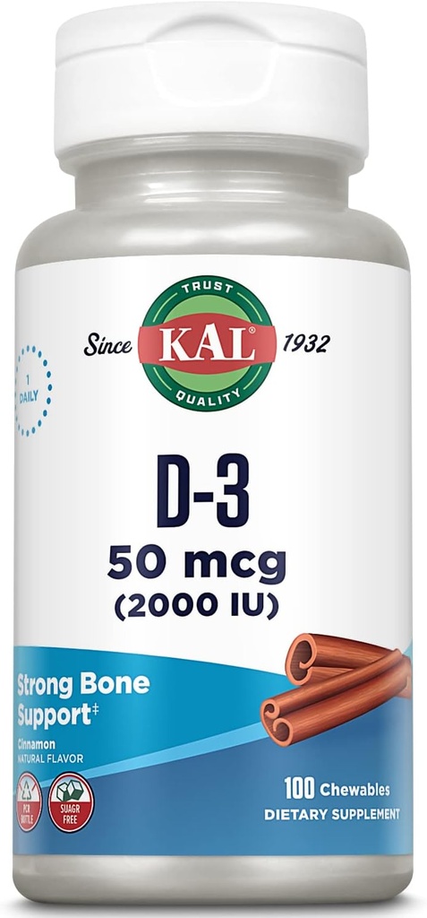 KAL Vitamina D3 Chewables 50 mcg, Vitamina D 2000 UI como Cholecalciferol, Azúcar Gratis, Natural Cinnamon Flavor D3 Vitamina, Immune Support & Bone Health, 100 Servings, 100 Chewables