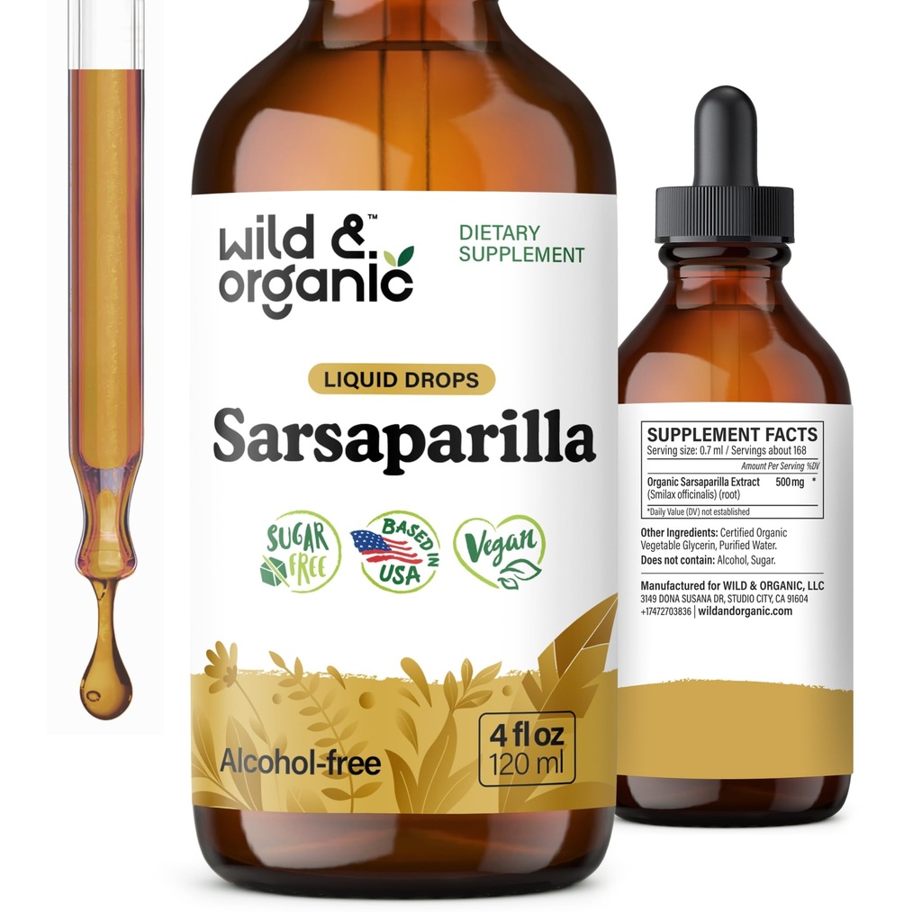 Wild &amp; Organic Sarsaparilla Root Tintura - Asistencia general - Suplemento de Extracto de Sarsaparilla - Vegan, Azúcar &amp; Liquid Drops sin alcohol - 4 fl oz
