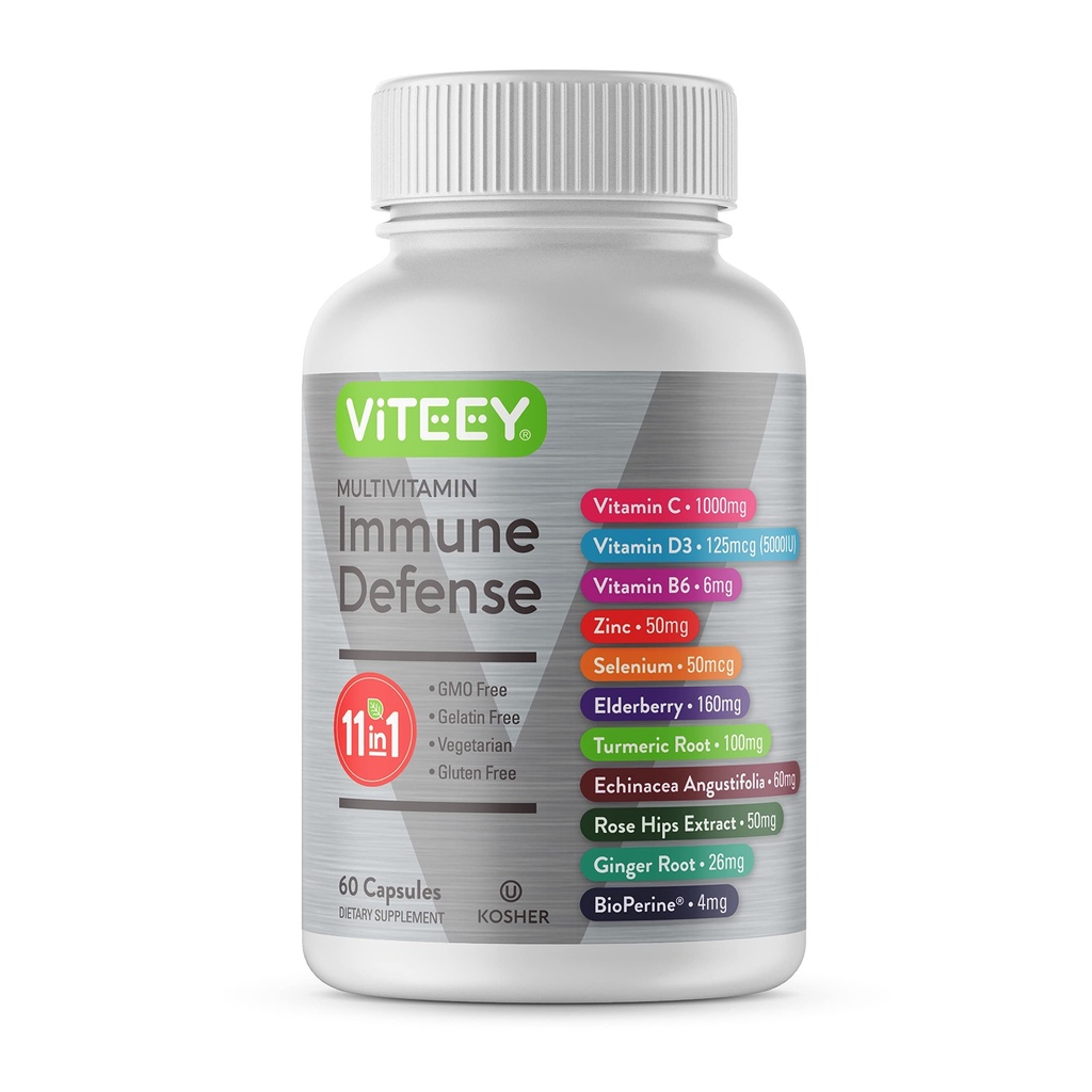 Viteey 11 en 1 Suplemento de Apoyo Inmuno - Defensa Inmuna con Vitamina D3, B6, Echinacea, Turmérica, Rose-HIPS, Selenium, BioPerine, Ginger, Elderberry Vitamina C y Zinc - 60 Cuenta