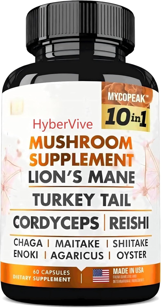 Mushroom Suplemento 10x Complejo - Lions Mane, Turquía Tail, Cordyceps, Reishi, Chaga, Maitake, Shiitake, Oyster Extract Mushrooms - Suplementos Nootropic Brain Support para Memoria y Focus