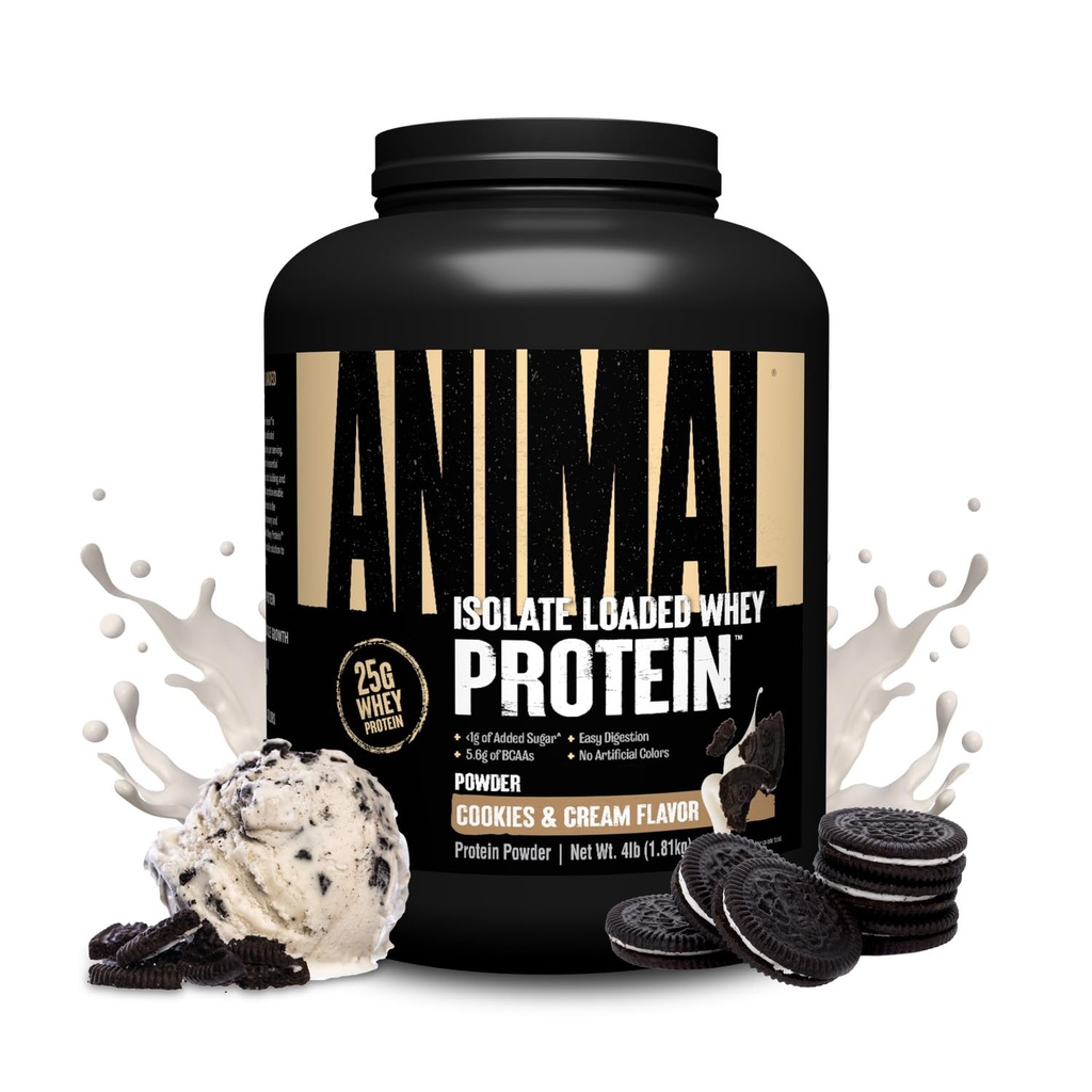 Animal Whey Isolate Protein Powder - Cargado para Pre &amp; Post Workout Muscle Builder y recuperación con enzimas digestivas para hombres y mujeres - 25g Proteína, gran sabor, bajo azúcar - Cookies &amp; Cream 4 libras