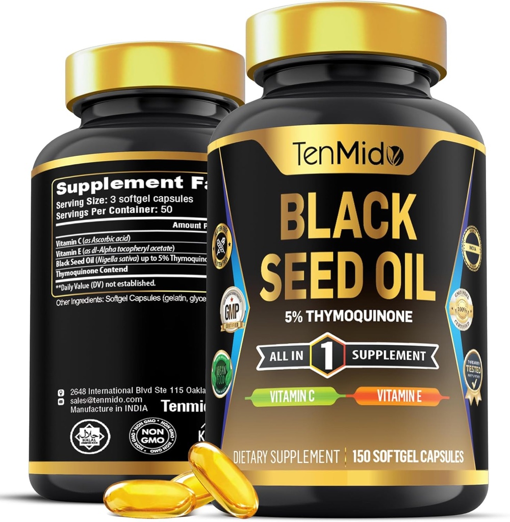 Black Seed Oil Capsules Suplemento - 4in1 Fórmula - Combina con Vitamina C, Vitamina E - Salud Digestiva, Soporte Inmunitario - Rico en Nutrient - 150 cápsulas de Softgel
