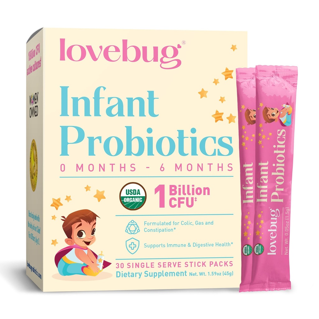 Probióticos para bebés de LOVEBUG 0-6 meses - USDA Probióticos orgánicos para bebés, soporta gas de bebé, cólico, diarrea y alivio del estreñimiento de recién nacidos, libre de alérgenos y azúcar, polvo sin sabor, 30 paquete