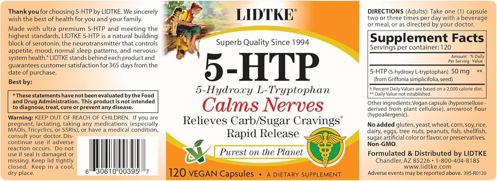 [BRSWGZYHAF6BQGQZ] Lidtke 5-HTP 120 cápsulas Suplemento dietético