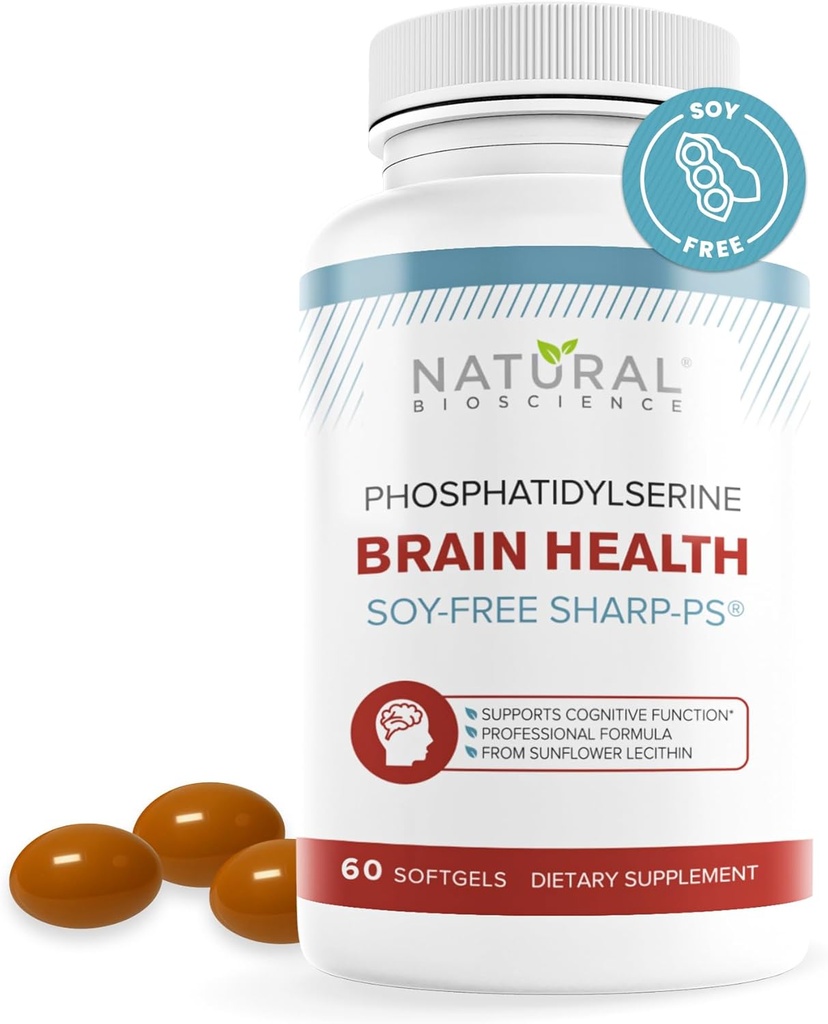Soy Free Phosphatidylserine 100mg Softgel - PS Suplemento Boosts Memoria, Focus, Resolución de Problemas, Control de Cortisol. Natural Sunflower Lecithin, Patented Sharp PS-Green. Non-GMO, 60 Softgels